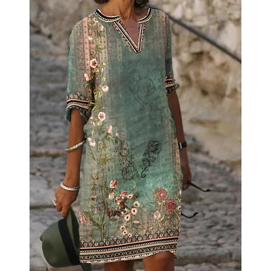 Boho Printed Shift Dress | Half Sleeve | Vintage-Inspired Floral Design