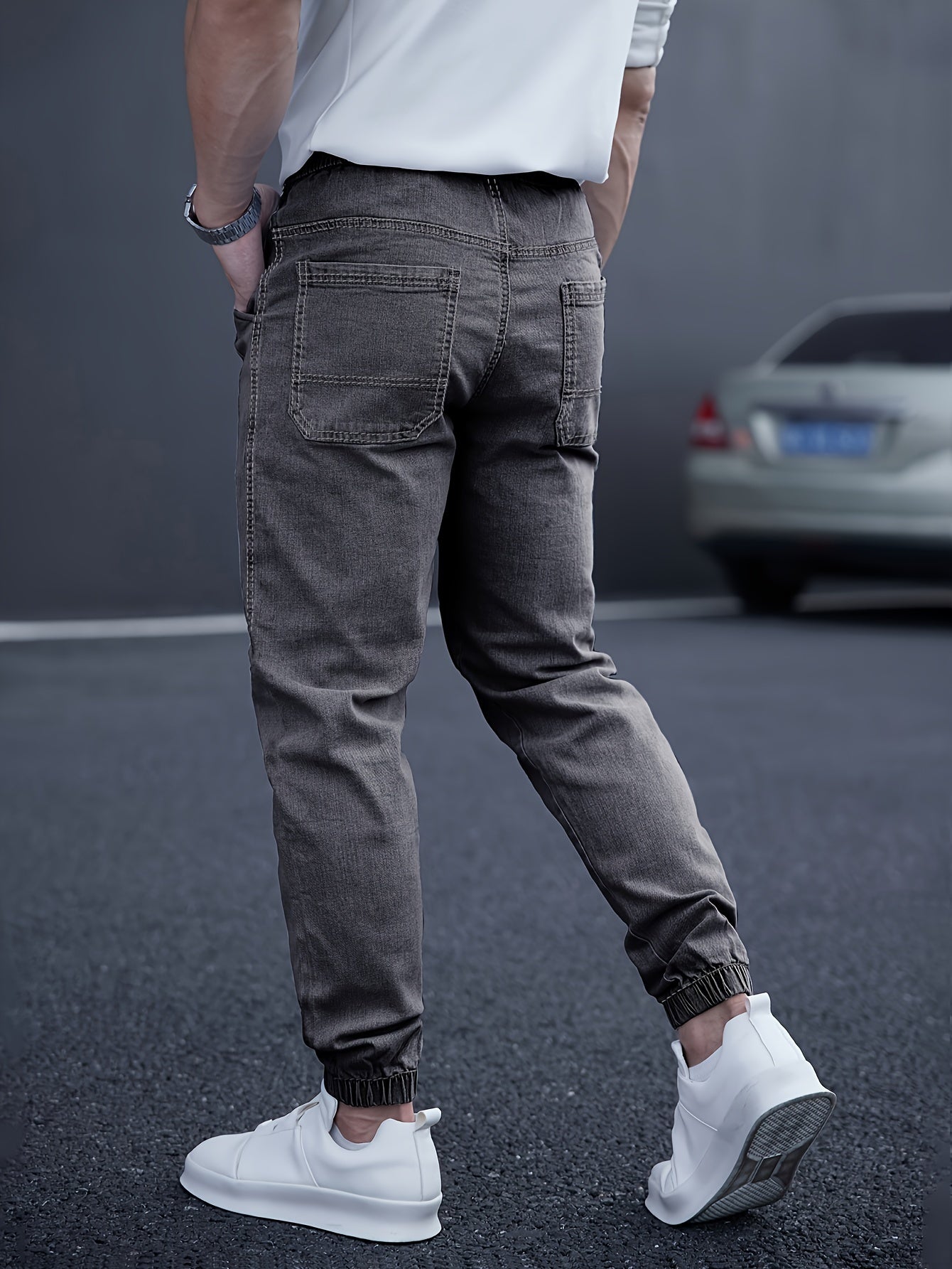 Men’s Drawstring Denim Joggers | Relaxed Fit Streetwear Jeans | Distressed Light Wash