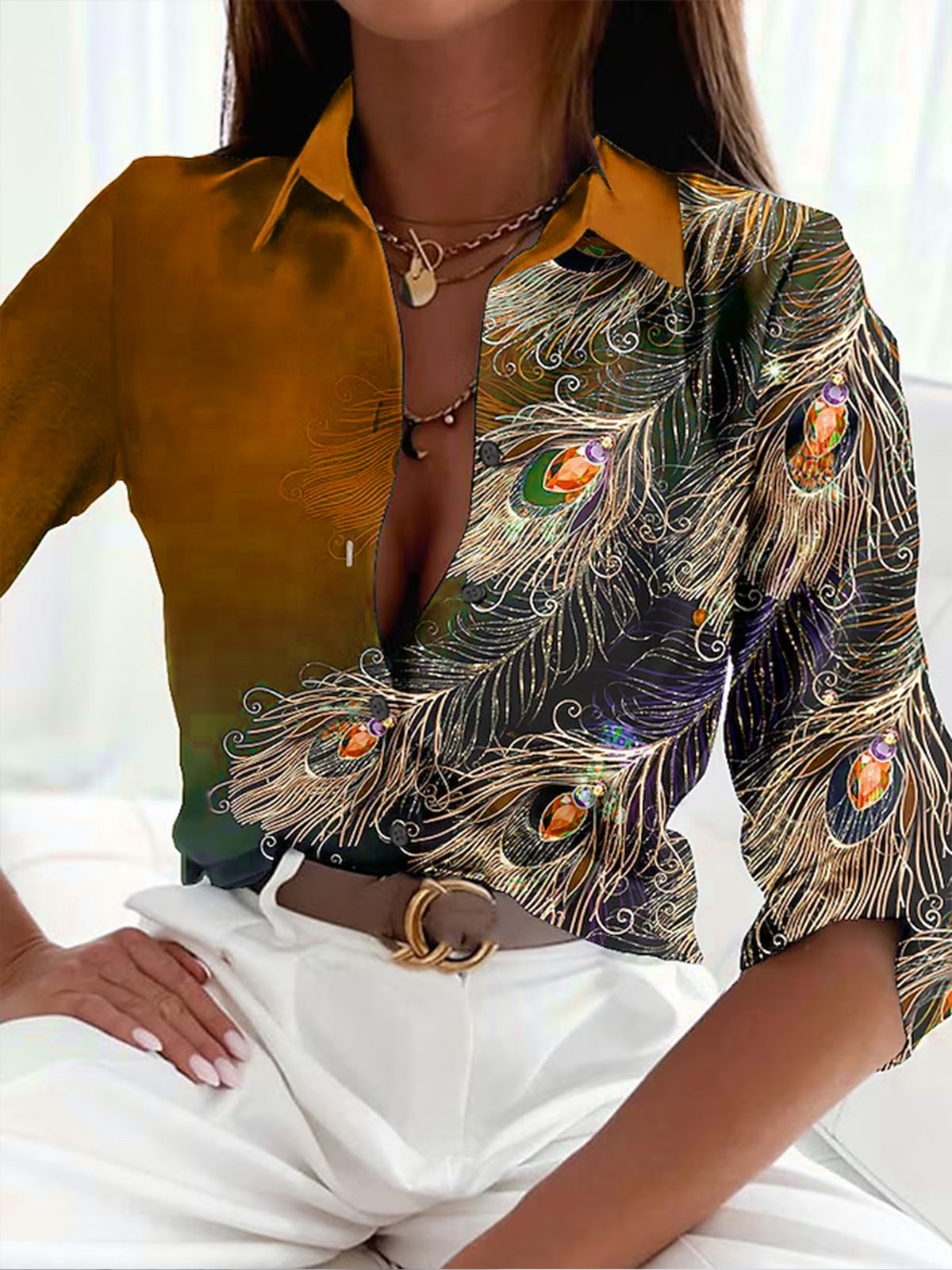 Peacock Feather Print Blouse | Satin Finish | Button Front