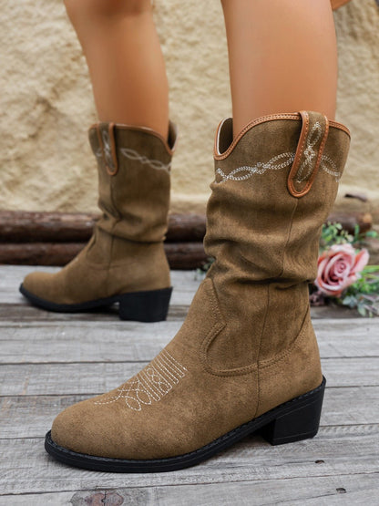Western Cowboy Boots | Faux Leather | Mid-Calf | Rustic Style