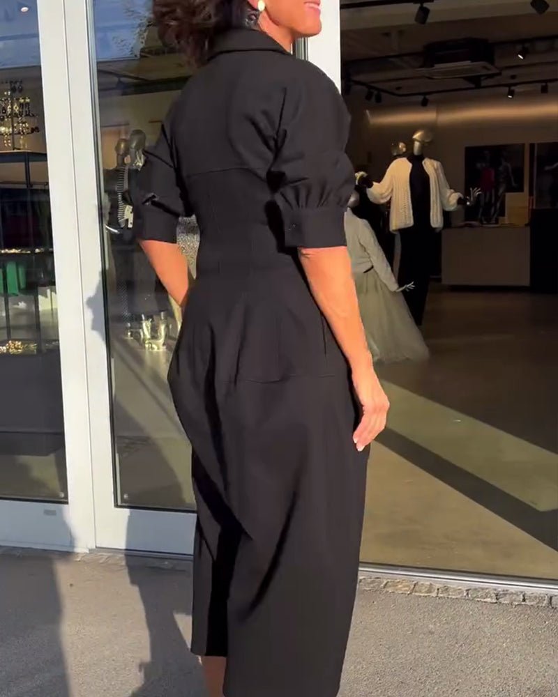 Collared Midi Dress | Relaxed Fit with Pockets and V-Neckline