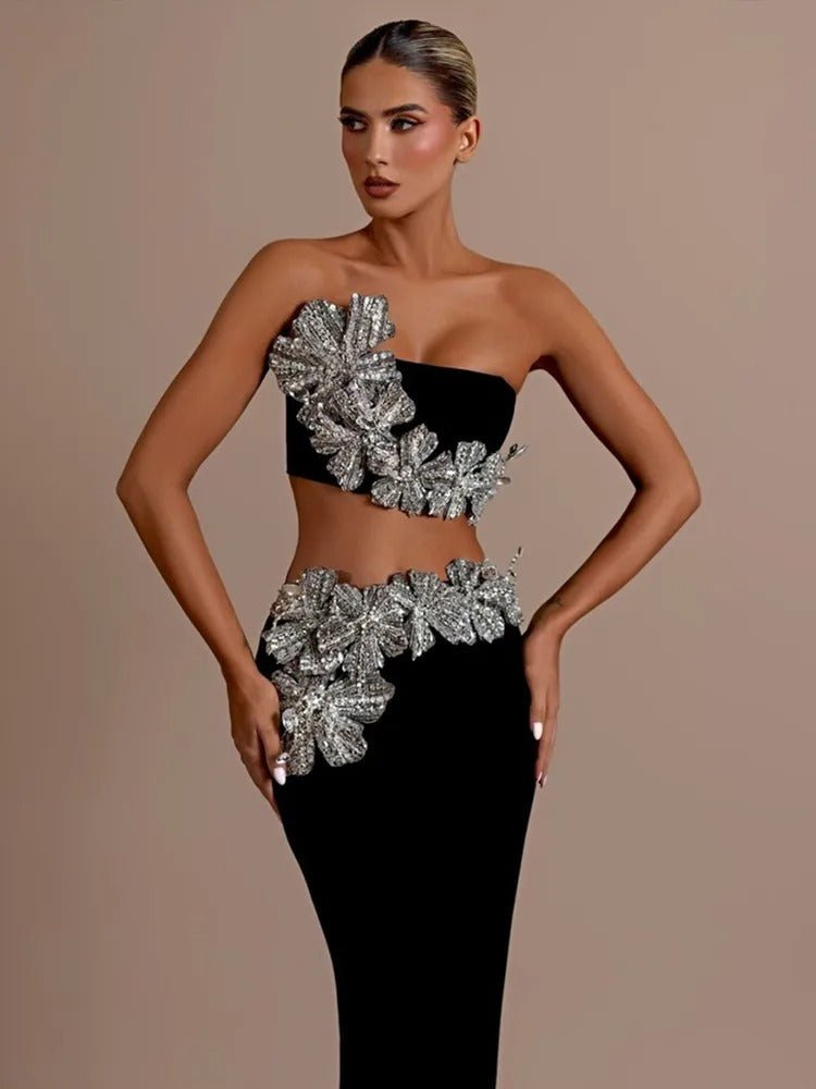 One-Shoulder Embellished Evening Gown | Floral Appliqué Detail | Elegant Formal Dress