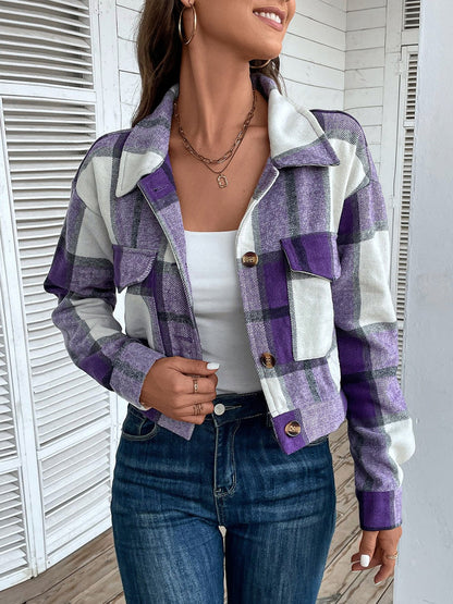 Cropped Plaid Jacket | Trendy Button-Down Design | Lightweight Polyester Blend | Casual Layering