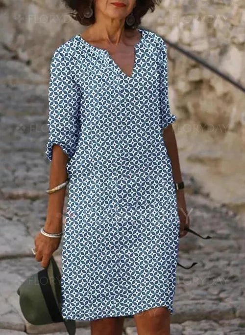 Printed V-Neck Shift Dress | Roll Tab Sleeves | Easy Pullover Fit