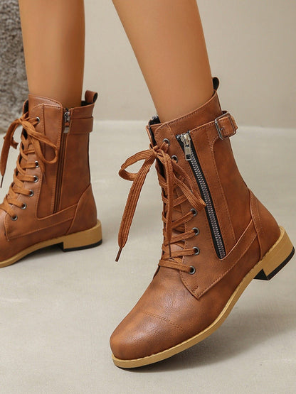 Lace-Up Combat Boots | PU Leather | Low Heel | Everyday Comfort