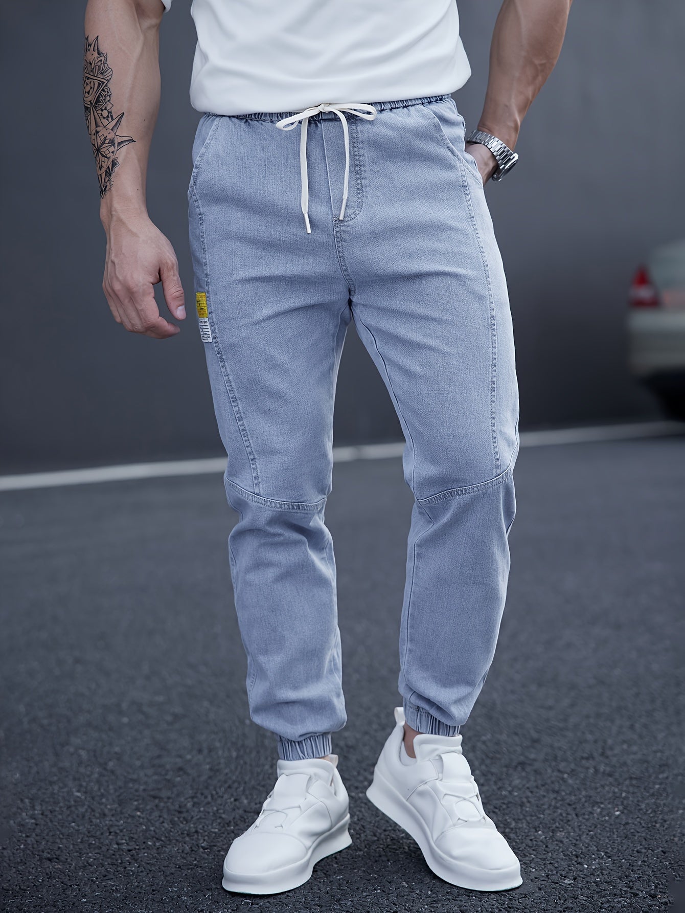 Men’s Drawstring Denim Joggers | Relaxed Fit Streetwear Jeans | Distressed Light Wash