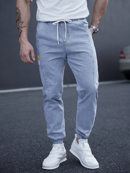 Men’s Drawstring Denim Joggers | Relaxed Fit Streetwear Jeans | Distressed Light Wash
