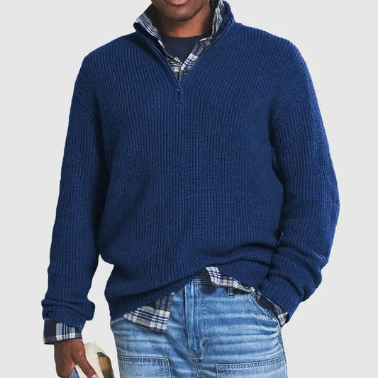 Men’s Quarter-Zip Knit Sweater | Midweight Pullover for Layering | Classic Blue