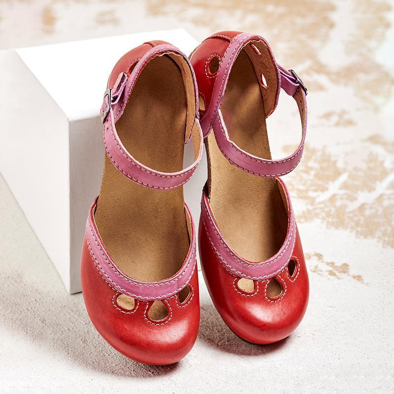 Retro Mary Jane Block Heels | Cut-Out Strap Design with Low Wooden Heel