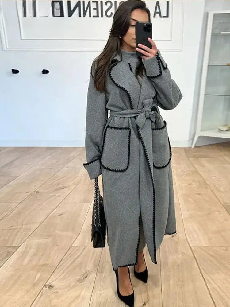 Elegant Longline Coat | Contrasting Trim | Belted Waist | Casual to Formal