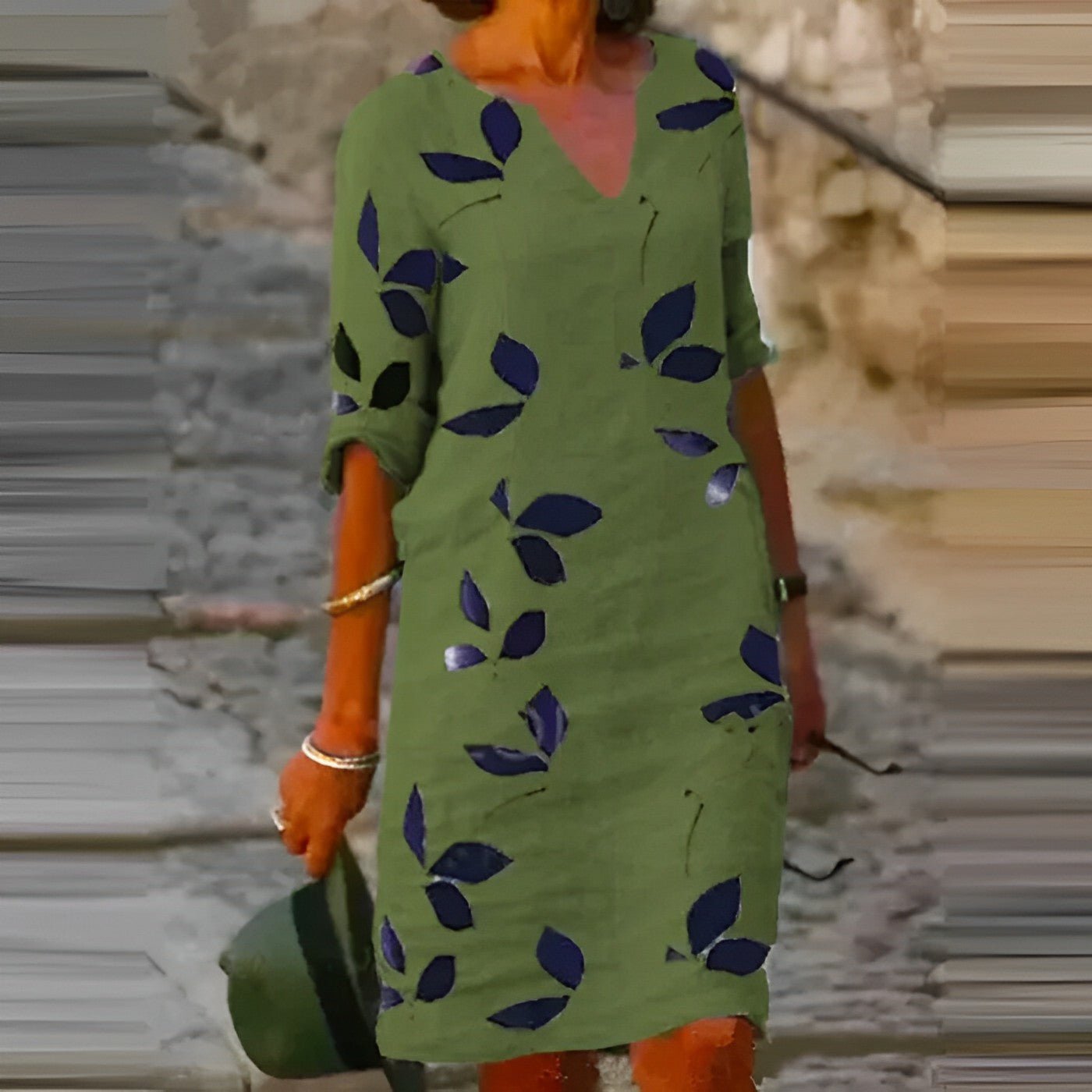 Leaf Print Linen Blend Dress | V-Neck | Casual Loose Fit