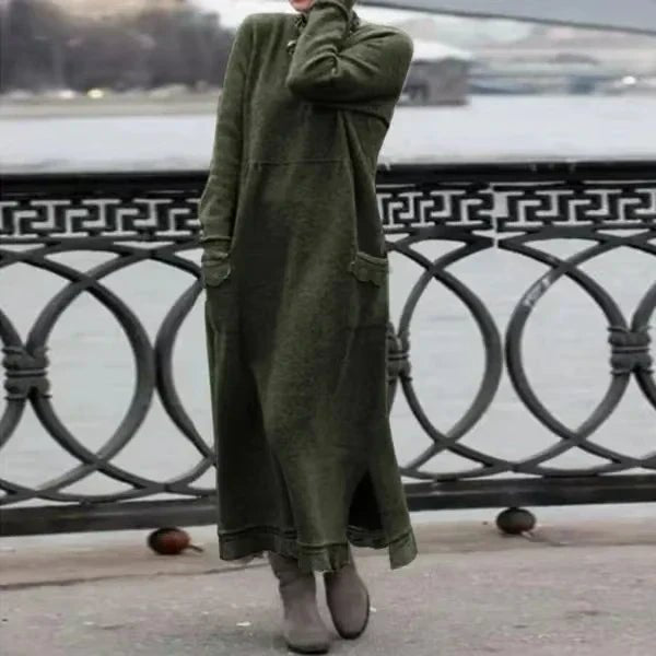 High-Neck Knit Midi Dress | Soft Ribbed Texture with Side Slits and Pockets