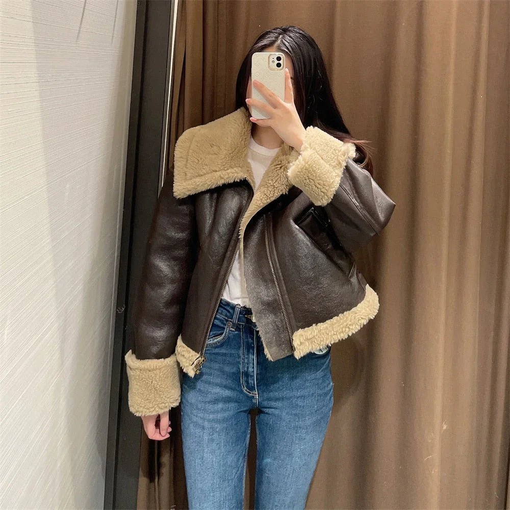 Women's Aviator Jacket | Brown PU Leather with Shearling Trim | Cozy Winter Style