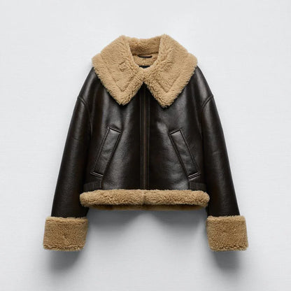 Women's Aviator Jacket | Brown PU Leather with Shearling Trim | Cozy Winter Style