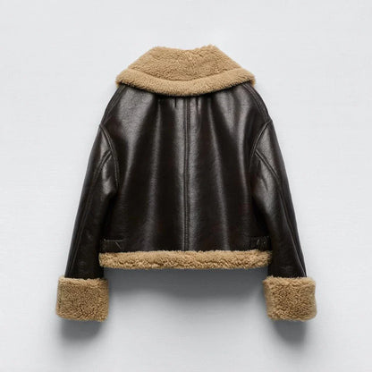 Women's Aviator Jacket | Brown PU Leather with Shearling Trim | Cozy Winter Style