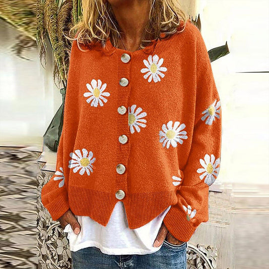 Daisy Print Button-Up Cardigan | Soft Knit Fabric | Playful Floral Design