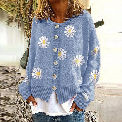 Daisy Print Button-Up Cardigan | Soft Knit Fabric | Playful Floral Design