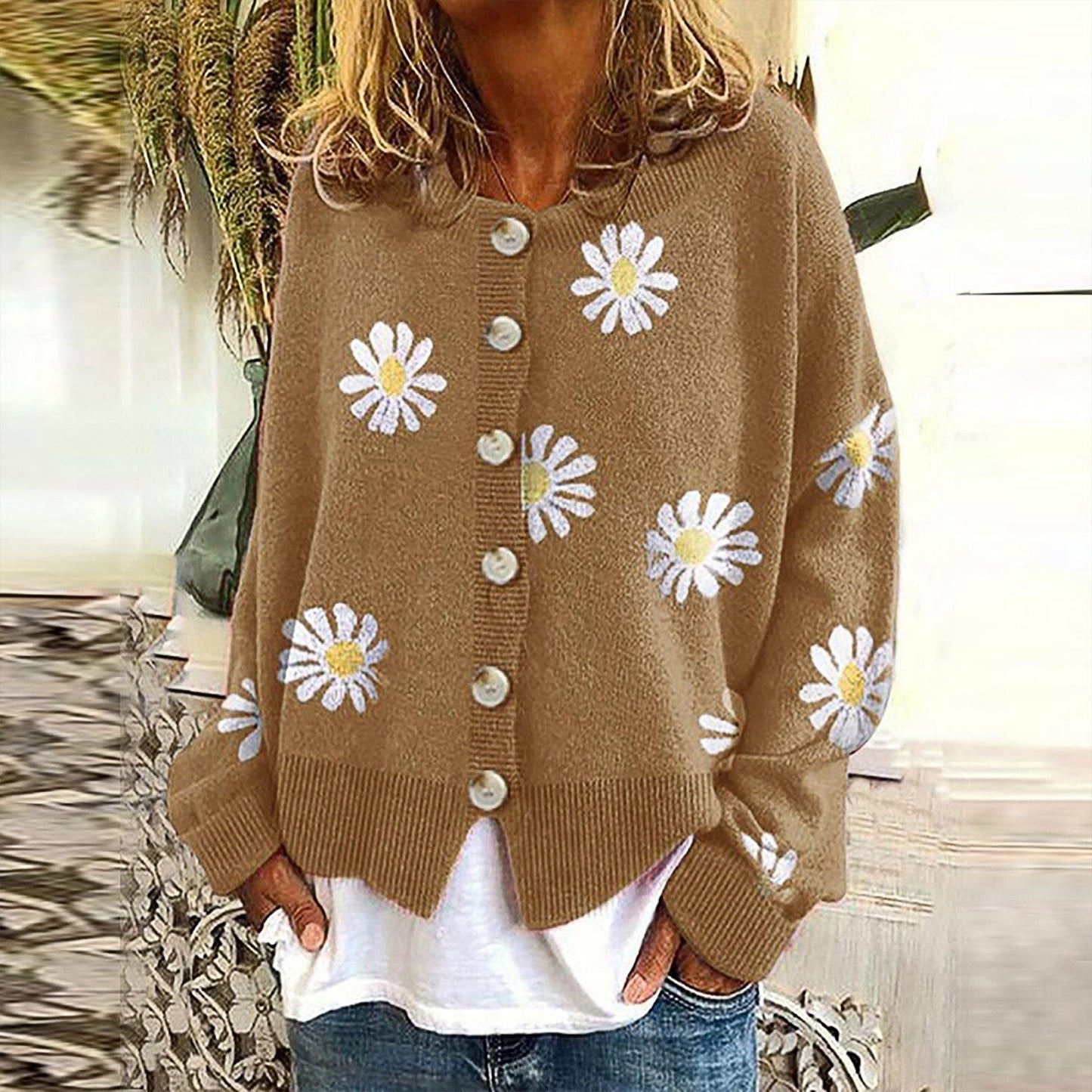 Daisy Print Button-Up Cardigan | Soft Knit Fabric | Playful Floral Design