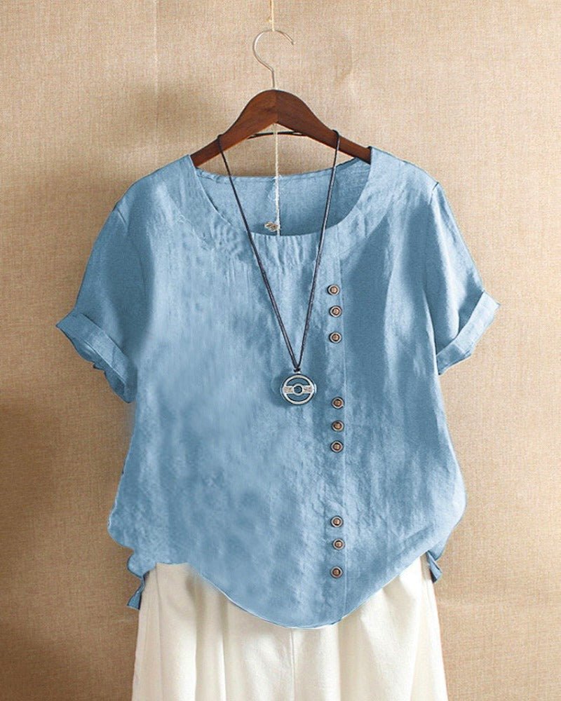 Asymmetric Button Linen Top | Relaxed Fit | Short Sleeve
