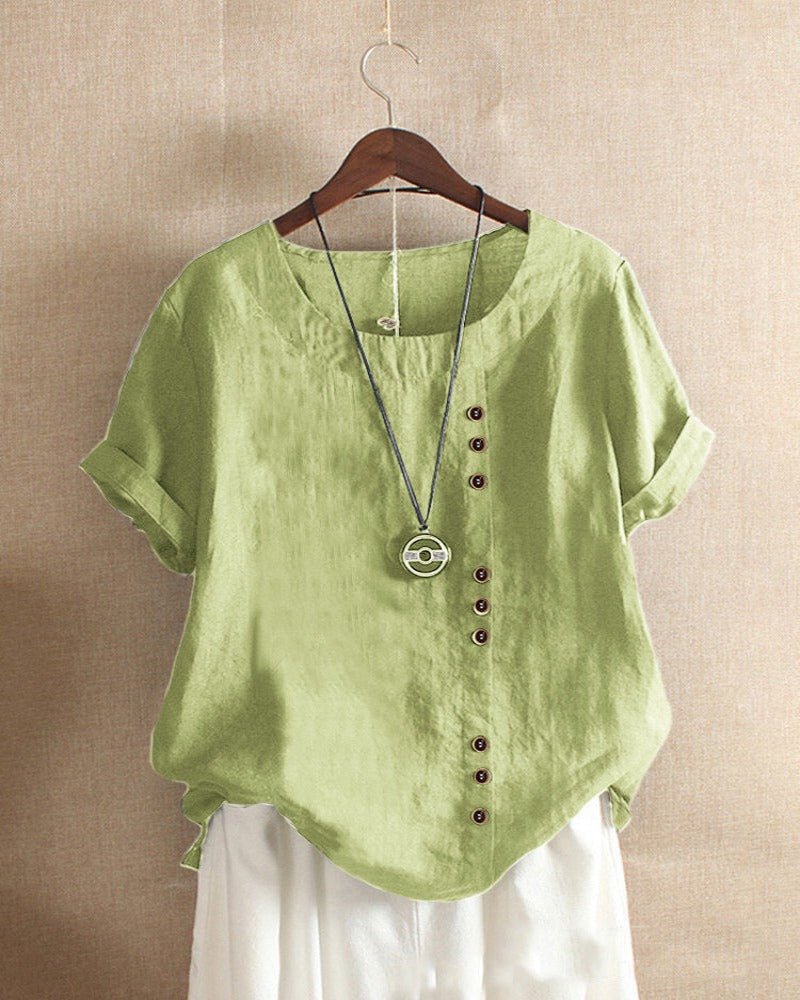 Asymmetric Button Linen Top | Relaxed Fit | Short Sleeve