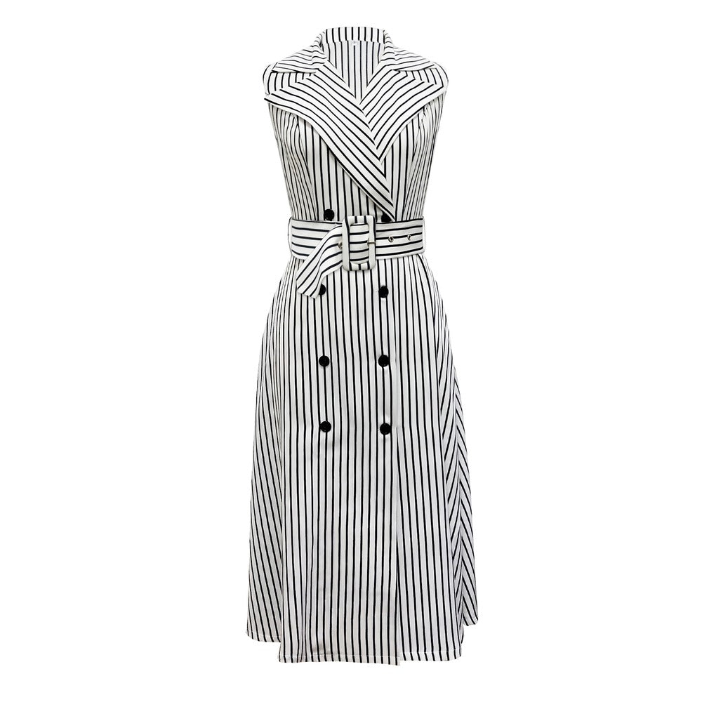 Sleeveless Pinstripe Midi Dress | Belted Double-Breasted | Office to Weekend