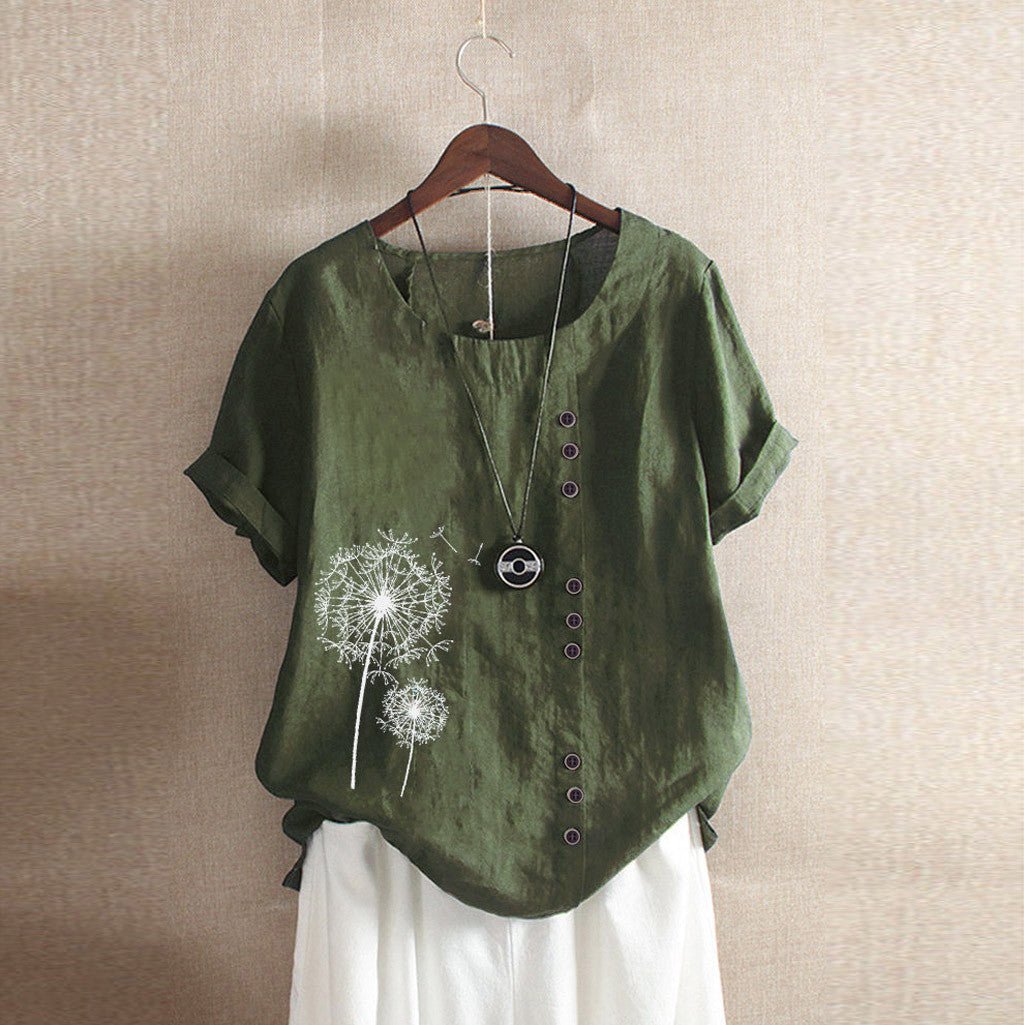Embroidered Dandelion Button Tee | Linen Blend | Relaxed Fit