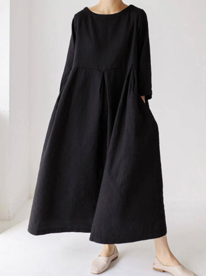 Relaxed Linen Midi Dress | Long Sleeve | Gathered Waist | Everyday Minimalist Style