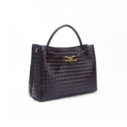 Woven Leather-Look Tote Bag | Gold Knot Detail | Structured Everyday Handbag