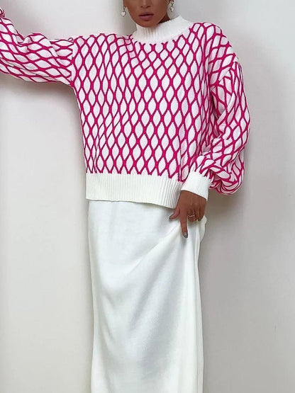 Diamond Pattern Knit Sweater | High Neck | Soft Acrylic Blend | Bold Statement Layer