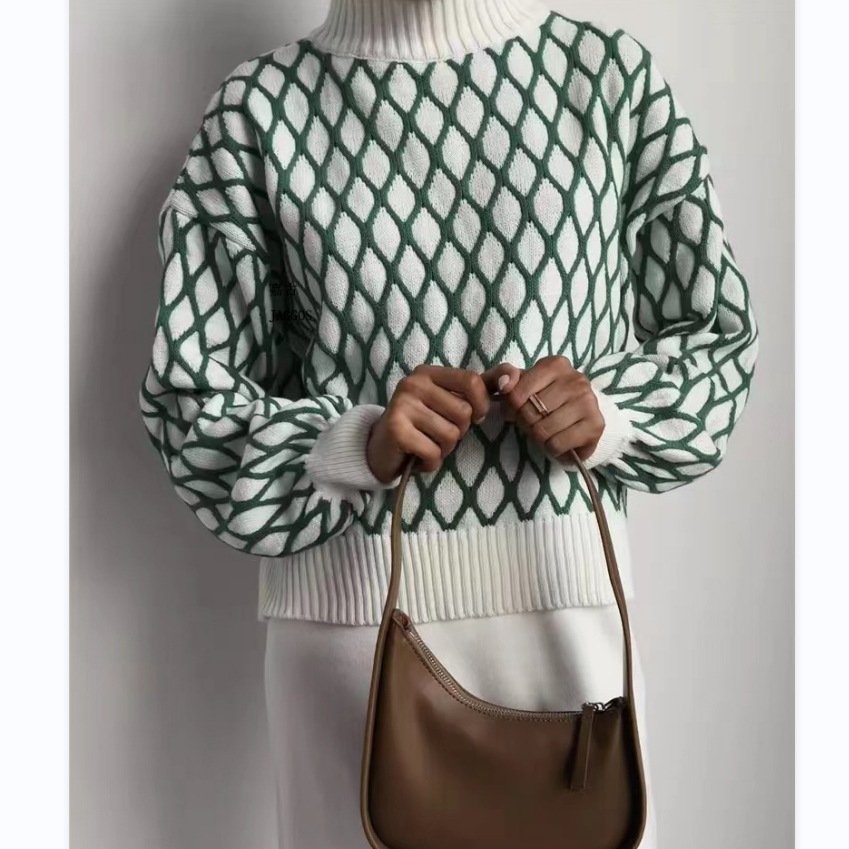 Diamond Pattern Knit Sweater | High Neck | Soft Acrylic Blend | Bold Statement Layer