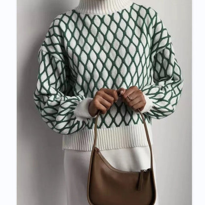 Diamond Pattern Knit Sweater | High Neck | Soft Acrylic Blend | Bold Statement Layer