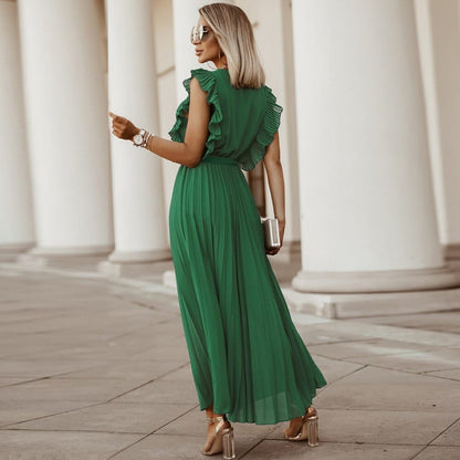 Pleated Sleeveless Maxi Dress | V-Neck | Tie Waist Formal Silhouette