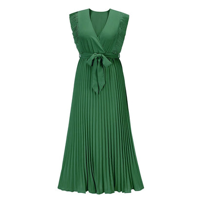 Pleated Sleeveless Maxi Dress | V-Neck | Tie Waist Formal Silhouette