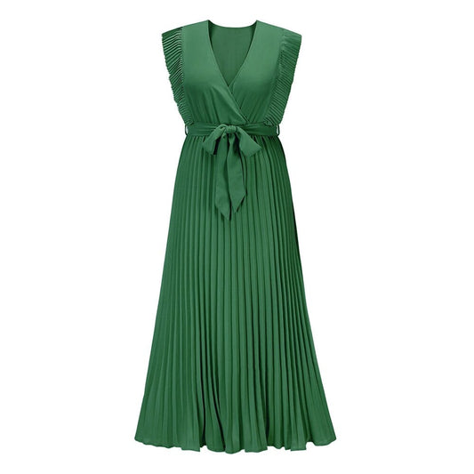 Pleated Sleeveless Maxi Dress | V-Neck | Tie Waist Formal Silhouette