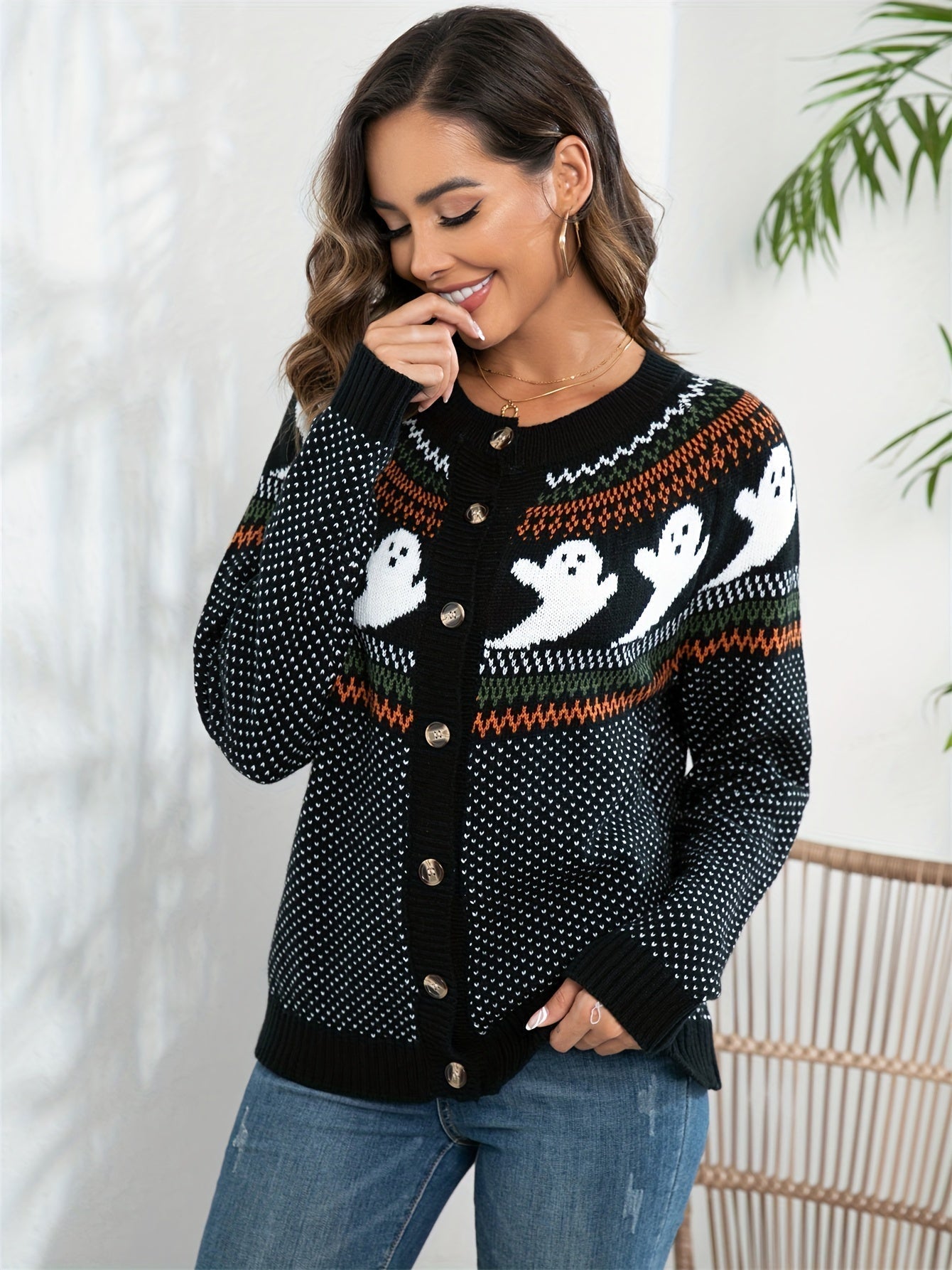 Nordic-Inspired Animal Pattern Cardigan | Button-Up Knit | Wool Blend | Cosy Winter Layer
