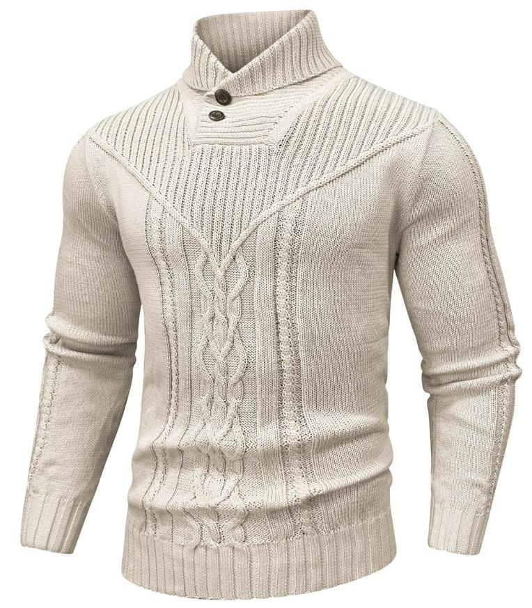Men’s Cable Knit Sweater | High Neck Button Collar | Textured Winter Knit
