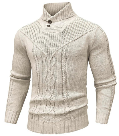 Men’s Cable Knit Sweater | High Neck Button Collar | Textured Winter Knit