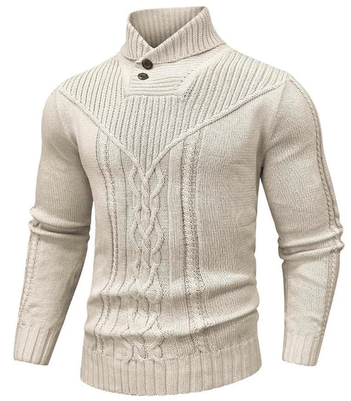 Men’s Cable Knit Sweater | High Neck Button Collar | Textured Winter Knit