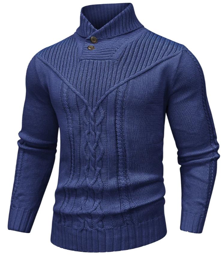 Men’s Cable Knit Sweater | High Neck Button Collar | Textured Winter Knit