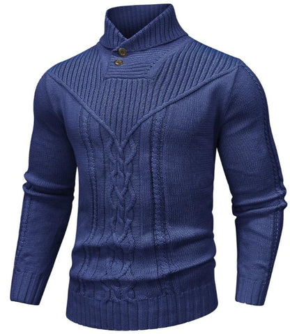 Men’s Cable Knit Sweater | High Neck Button Collar | Textured Winter Knit