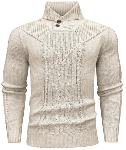 Men’s Cable Knit Sweater | High Neck Button Collar | Textured Winter Knit
