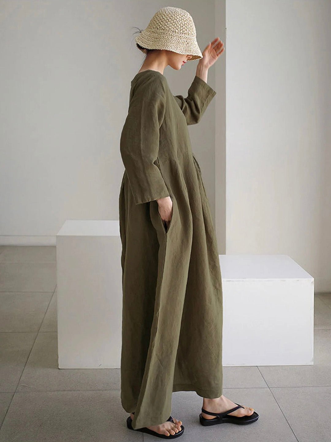 Relaxed Linen Midi Dress | Long Sleeve | Gathered Waist | Everyday Minimalist Style