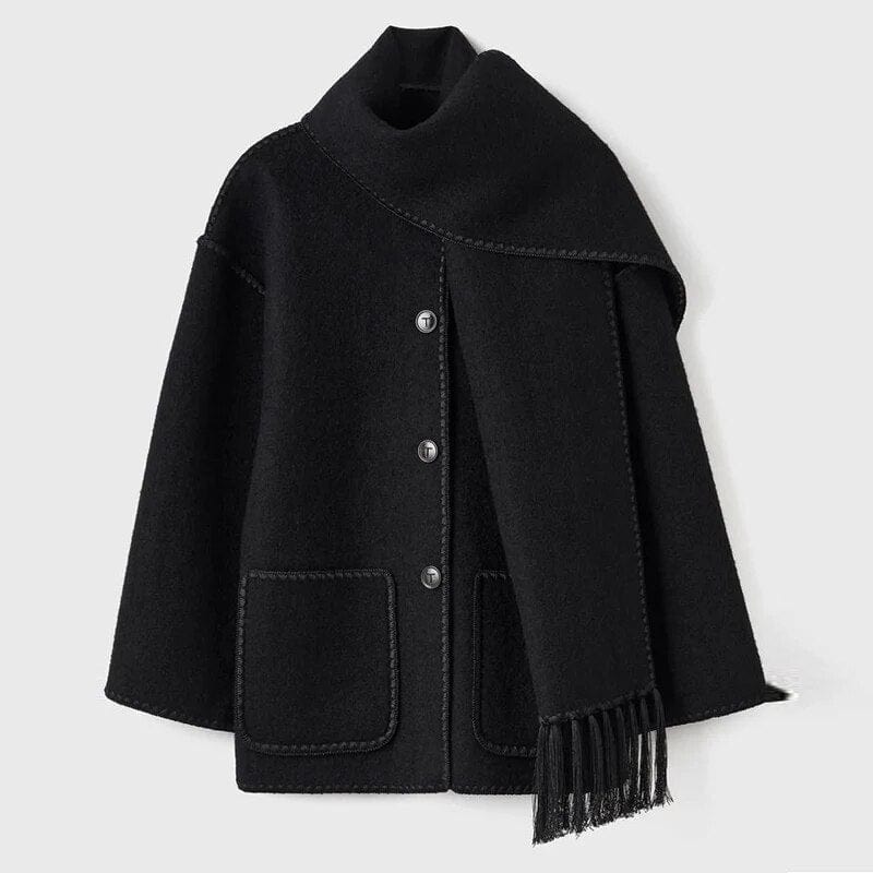 Draped Wool-Blend Coat with Scarf Detail | Oversized Fit | Fringe Hem | Modern Elegance