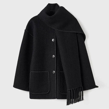 Draped Wool-Blend Coat with Scarf Detail | Oversized Fit | Fringe Hem | Modern Elegance