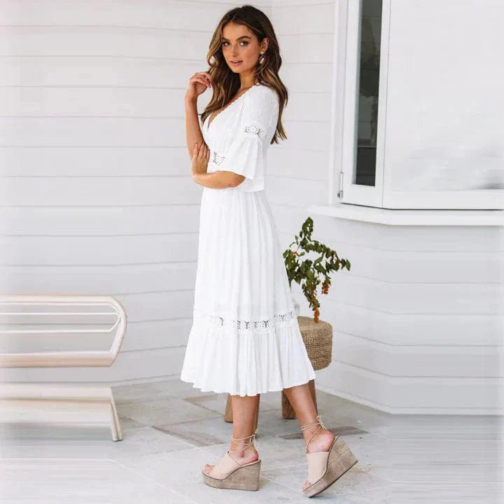 Lace Panel Midi Dress | Deep V-Neckline | Flowy Tiered Hem