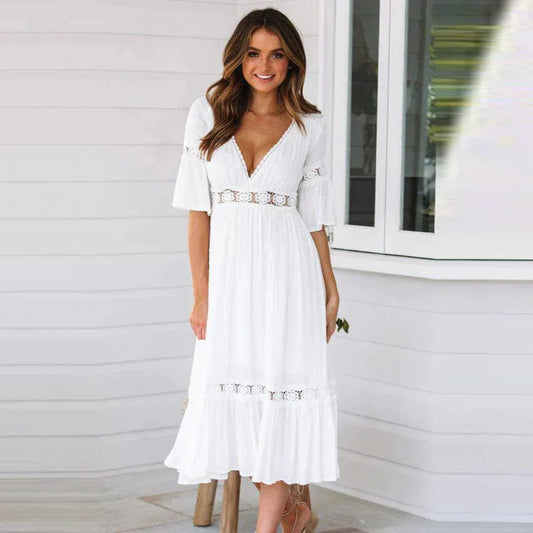 Lace Panel Midi Dress | Deep V-Neckline | Flowy Tiered Hem