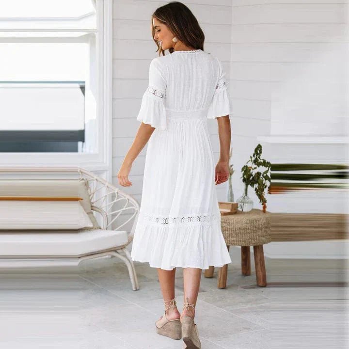 Lace Panel Midi Dress | Deep V-Neckline | Flowy Tiered Hem