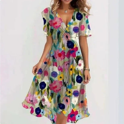 Floral Wrap Chiffon Dress | V-Neck | Flowy Short Sleeves