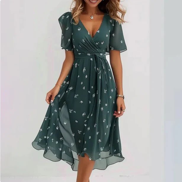 Floral Wrap Chiffon Dress | V-Neck | Flowy Short Sleeves