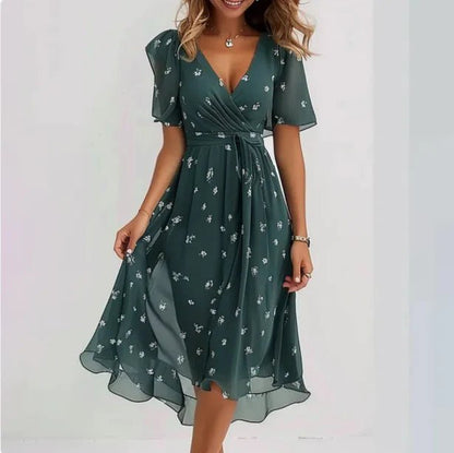 Floral Wrap Chiffon Dress | V-Neck | Flowy Short Sleeves